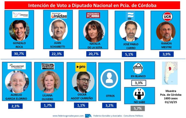 PANORAMA ELECTORAL EN CÓRDOBA: GONZALO ROCA LIDERA LA INTENCIÓN DE VOTO PARA DIPUTADOS NACIONALES